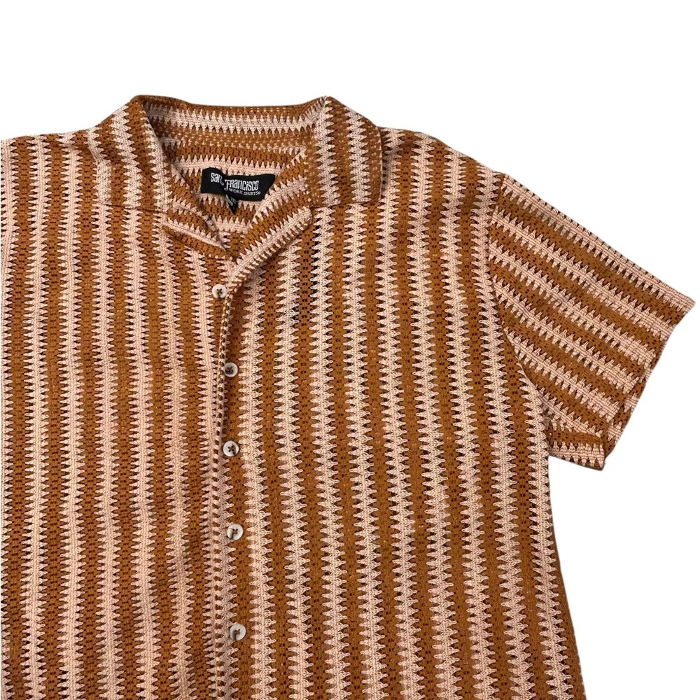 San Francisco Knit Short Sleeve Button Down Shirt - Tan & Cream Stripe